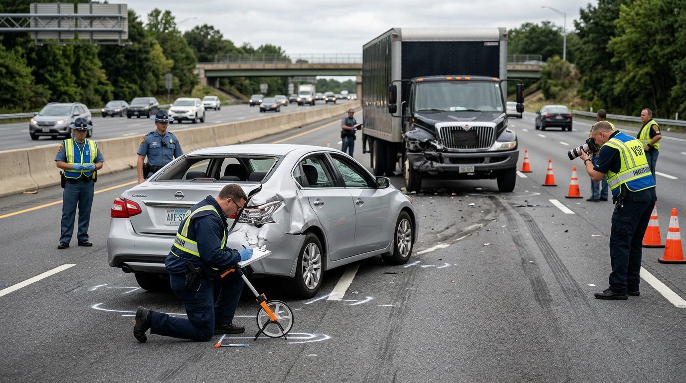 Investigators document a crash scene on a multi-lane highway where a commercial truck struck a passenger car.