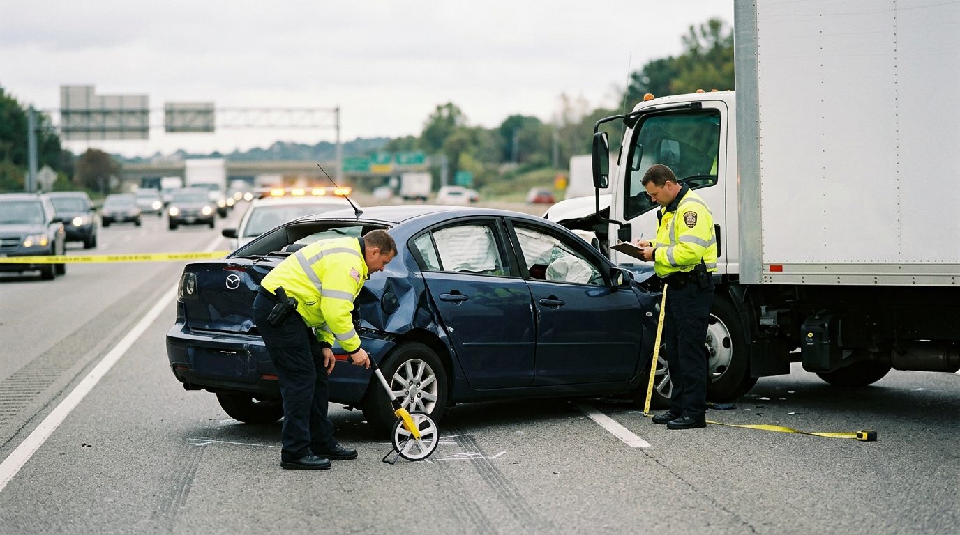 Investigators document a crashed passenger car and a commercial truck on a multi-lane highway.
