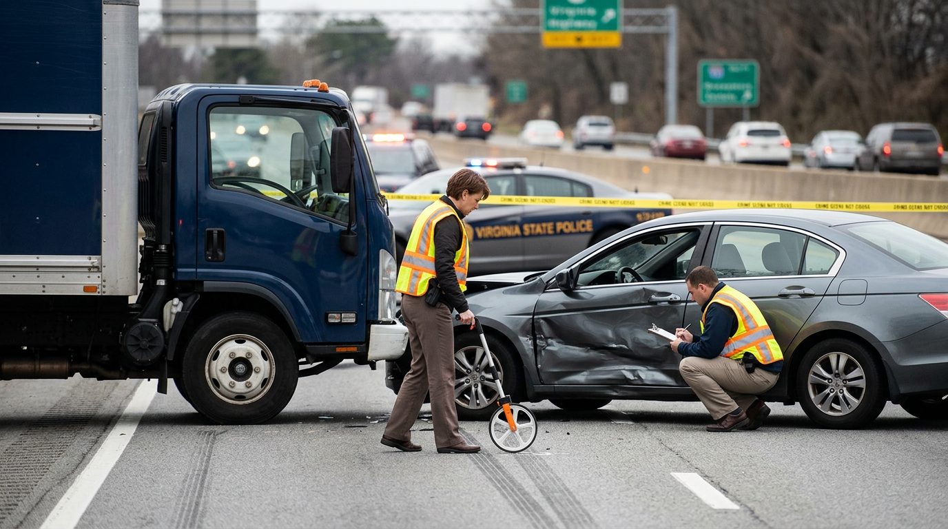 Investigators document a crashed passenger car and a commercial truck on a multi-lane highway.
