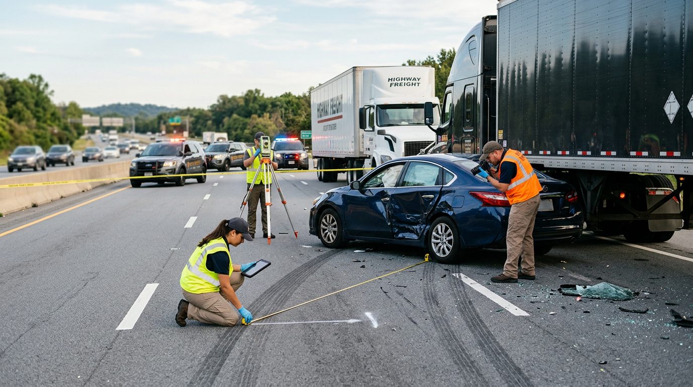 Investigators document a crashed passenger car and commercial truck on a multi-lane highway, measuring impact angles and road conditions.