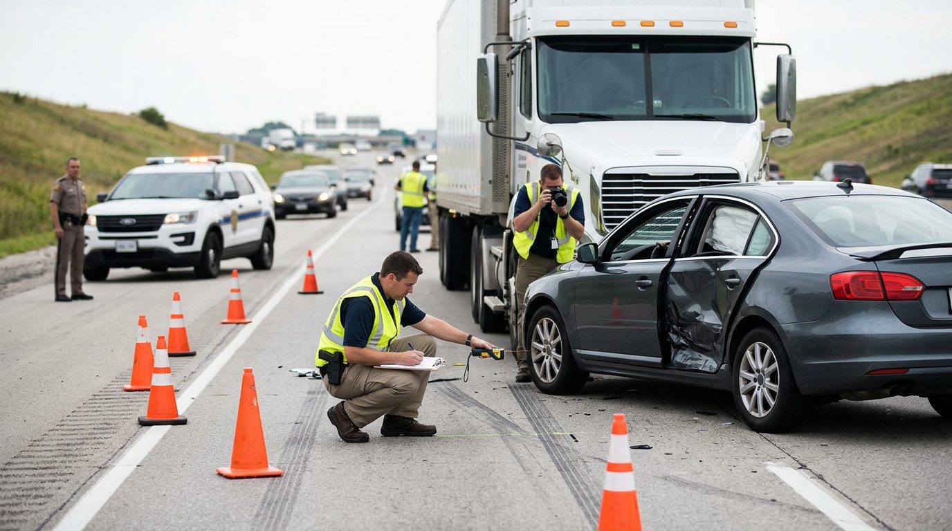 Investigators document a damaged passenger car and commercial truck at the scene of a multi-lane highway collision.