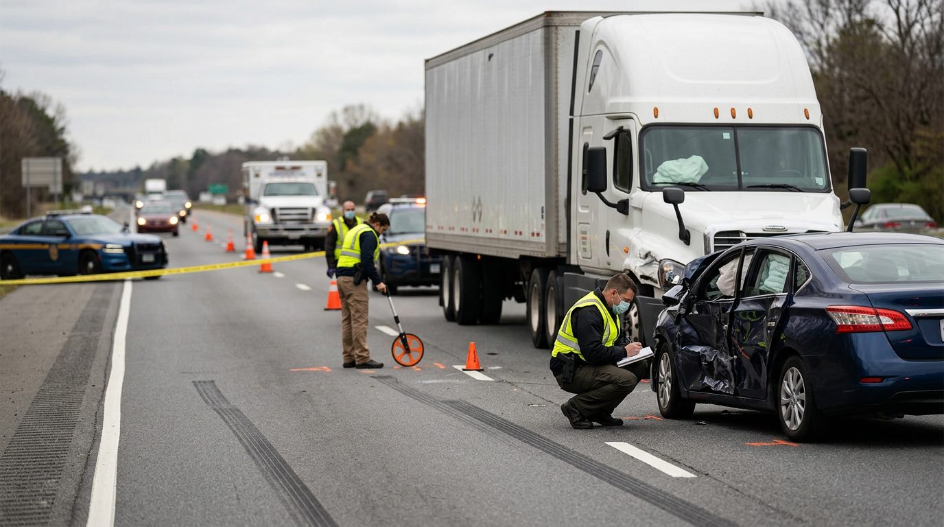 Investigators document a multi-lane highway crash in which a commercial truck struck a passenger car.