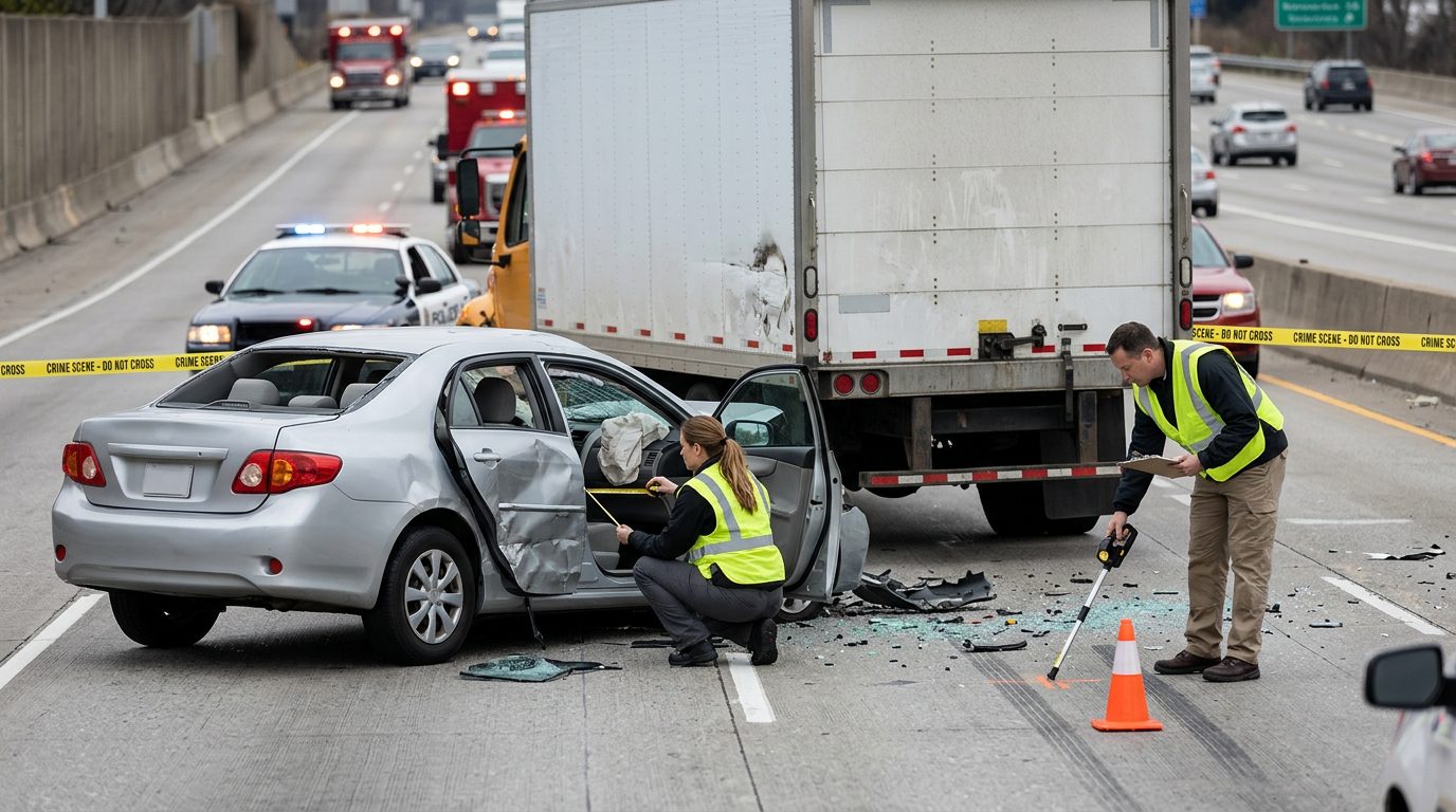 Investigators document a multi-lane highway crash in which a commercial truck struck a passenger car.