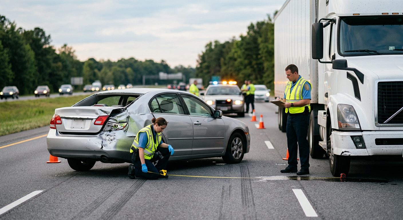 Investigators document a multi-lane highway crash in which a commercial vehicle struck a passenger car.