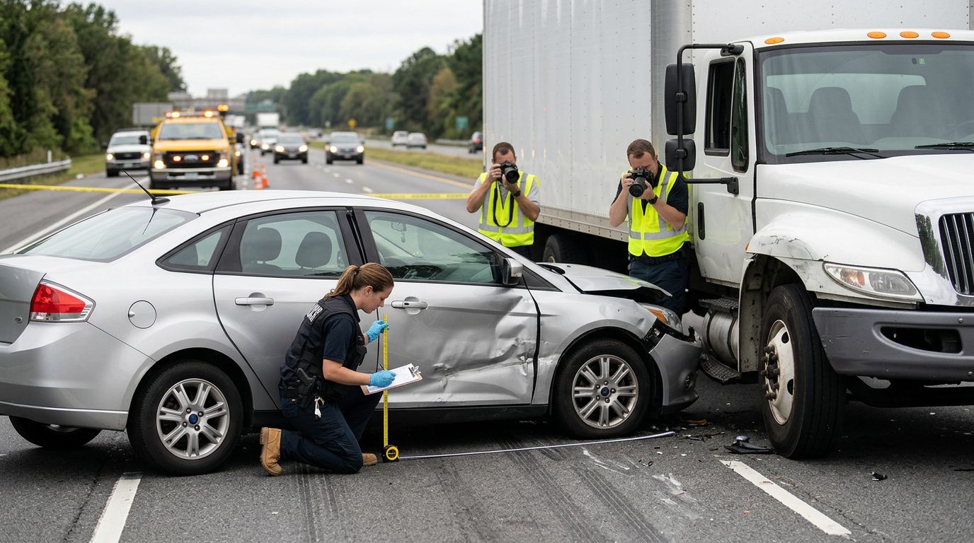 Investigators document a multi-lane highway crash scene where a commercial vehicle struck a passenger car.