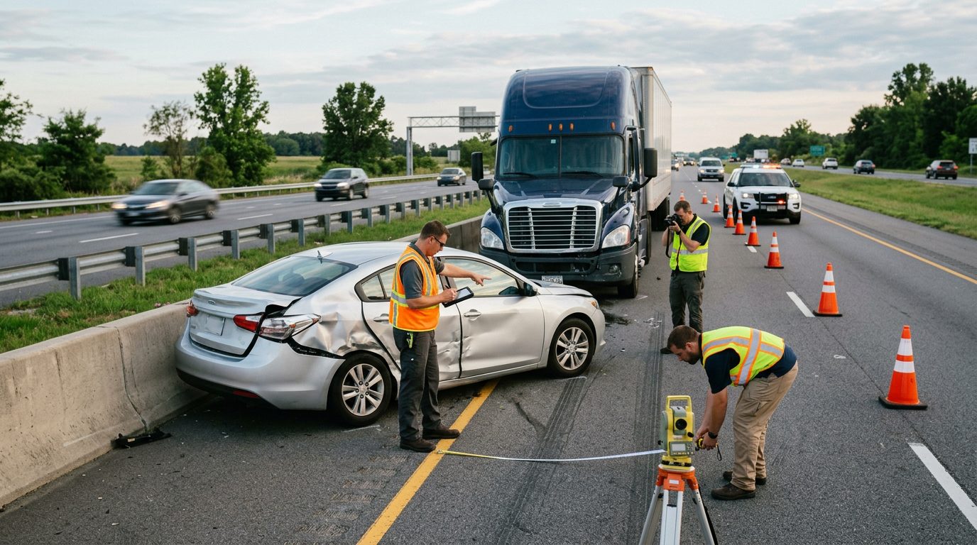 Investigators document a multi-lane highway crash where a commercial truck struck a passenger car.