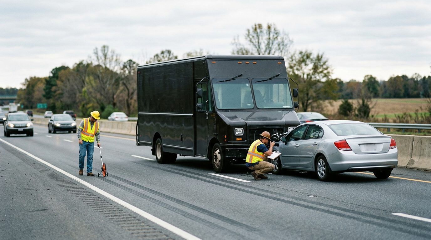 Investigators document a truck and car crash on a multi-lane highway, noting vehicle positions and road conditions.