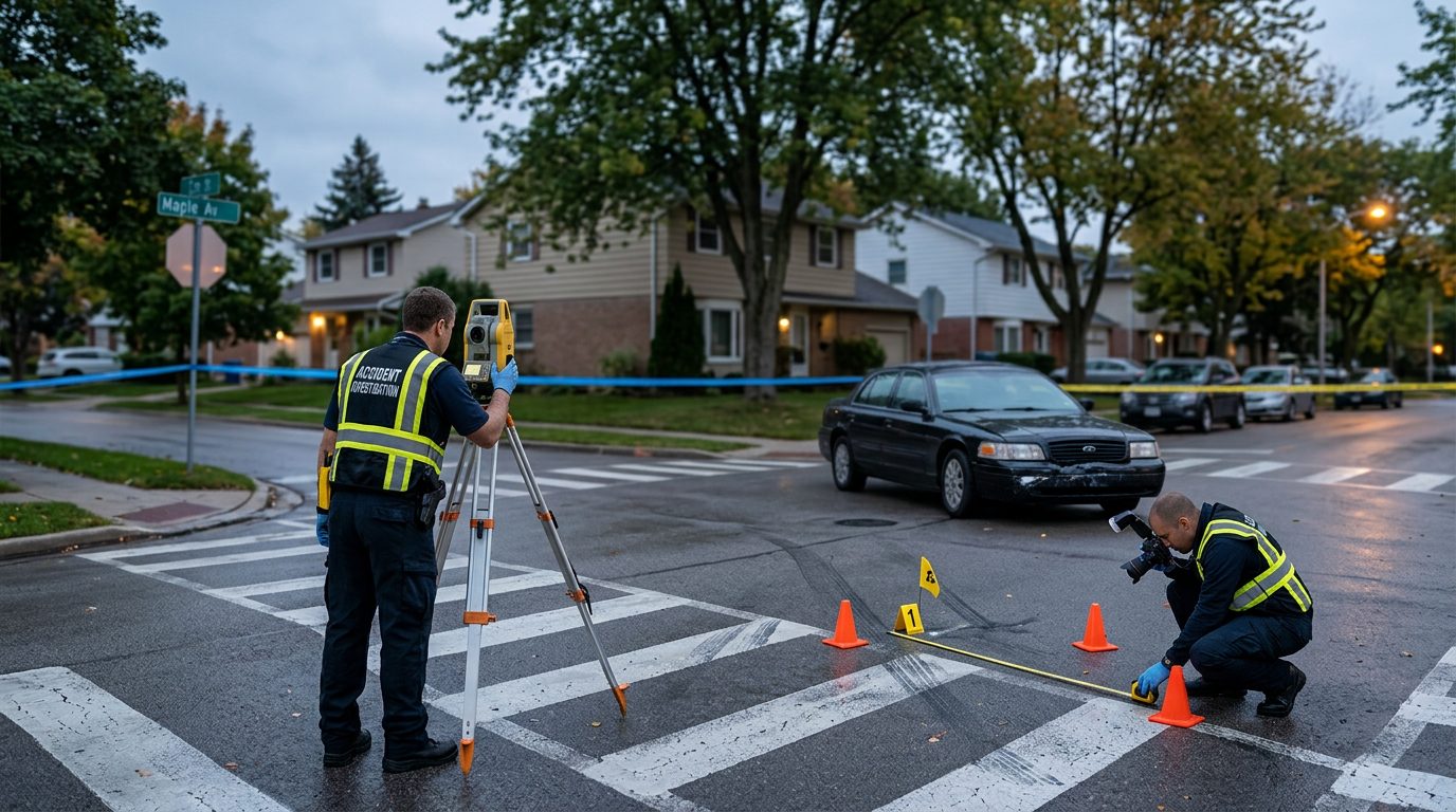 Investigators document impact marks and sight lines at a residential intersection after a pedestrian collision.