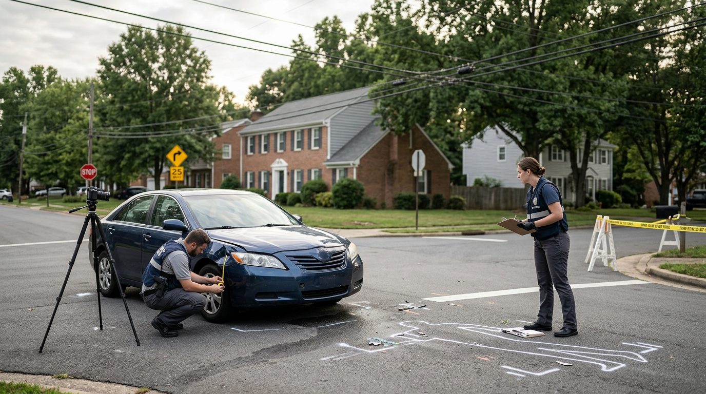 Investigators document impact points and road conditions at a residential intersection where a pedestrian was struck.