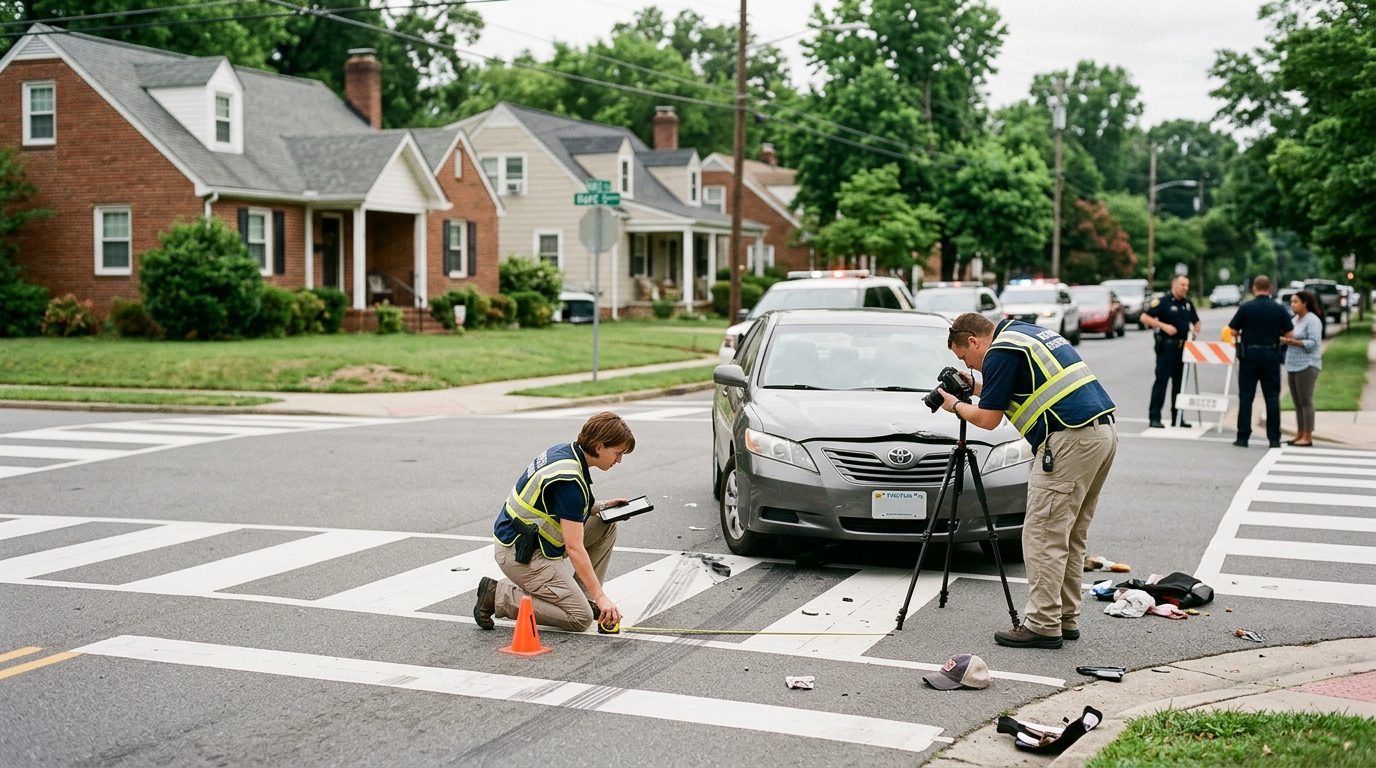 Investigators document impact points and sight lines at a residential intersection where a pedestrian was struck.
