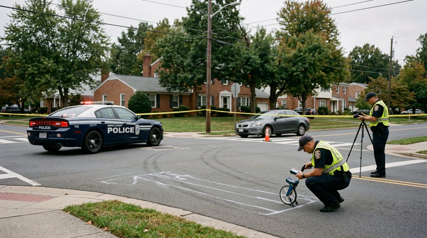 Investigators document impact points and sight lines at a residential intersection where a pedestrian was struck.