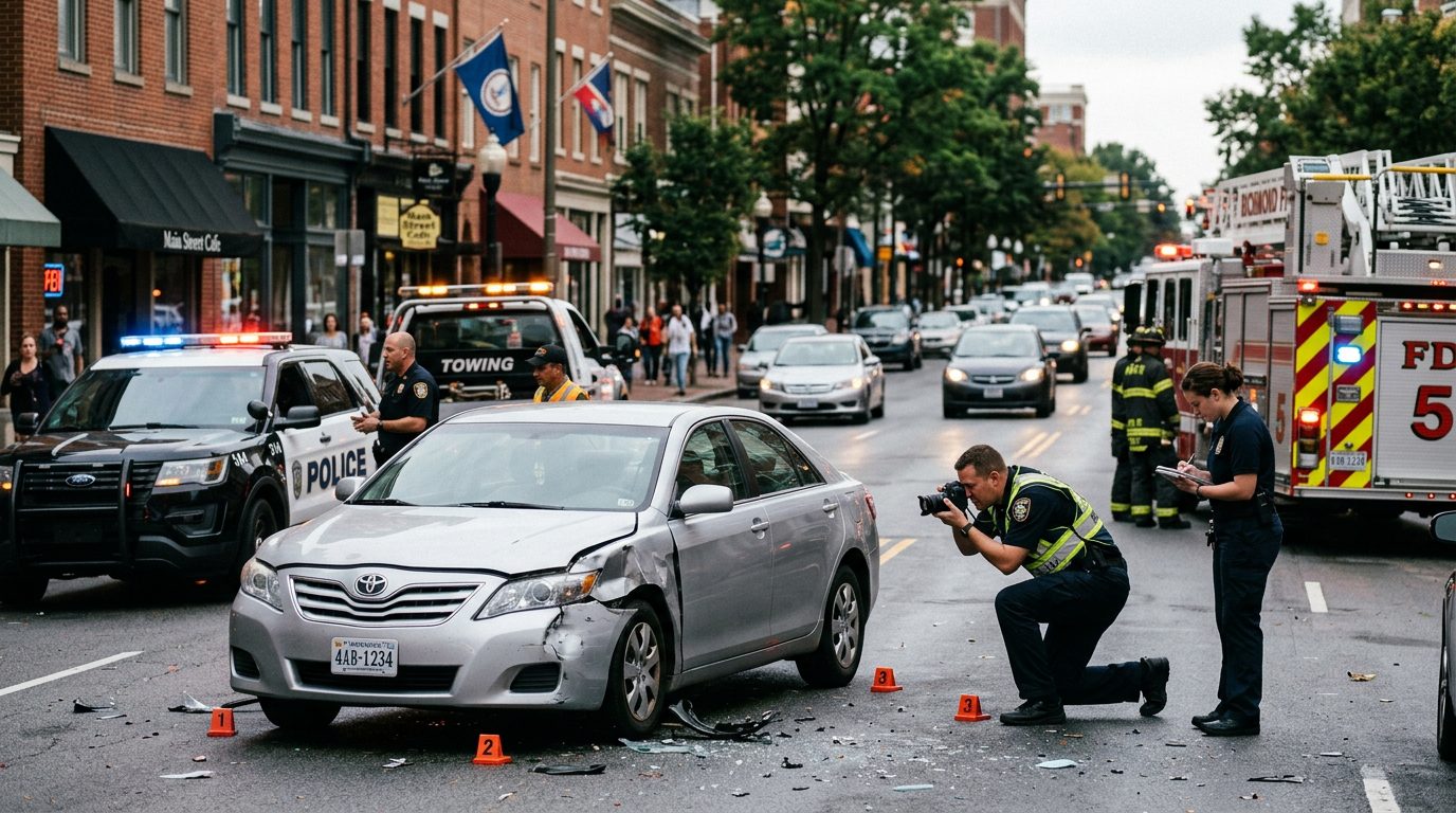 Investigators document vehicle damage at a city street crash scene while emergency vehicles stand by.
