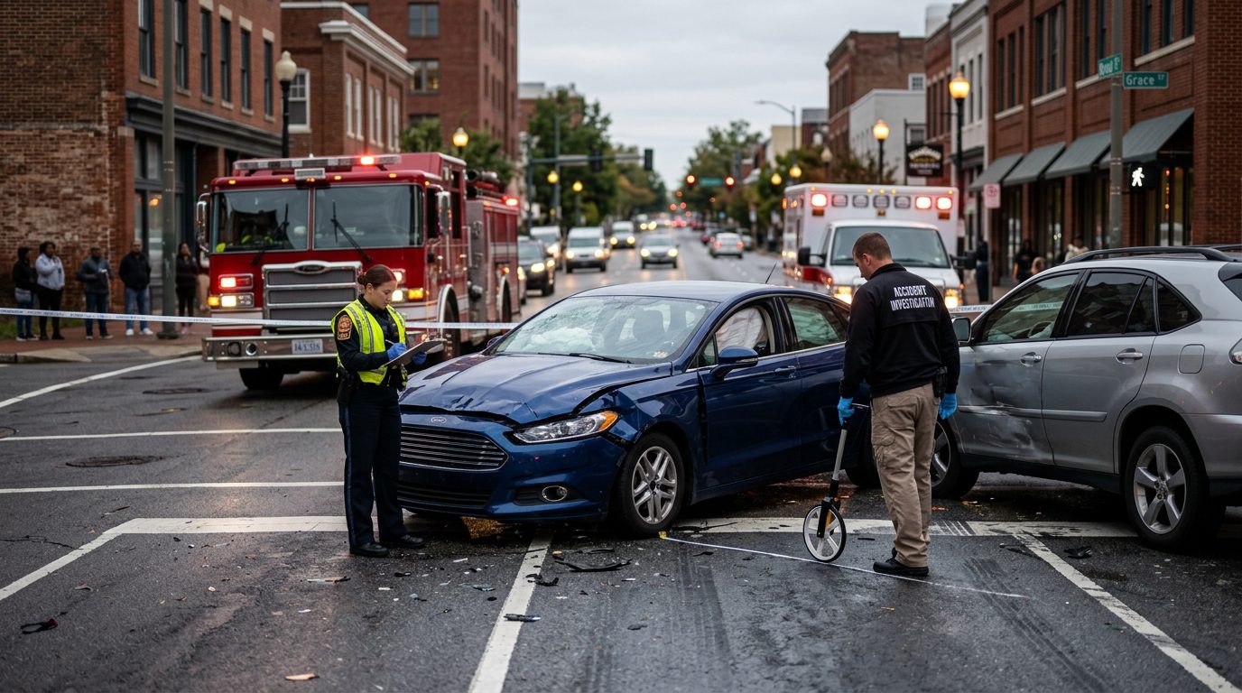 Investigators document vehicle damage at a city street crash scene while emergency vehicles stand by.