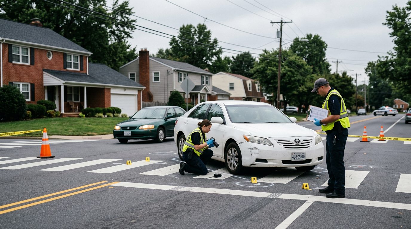 Investigators document vehicle impact marks and sight lines at a residential intersection where a pedestrian was struck.