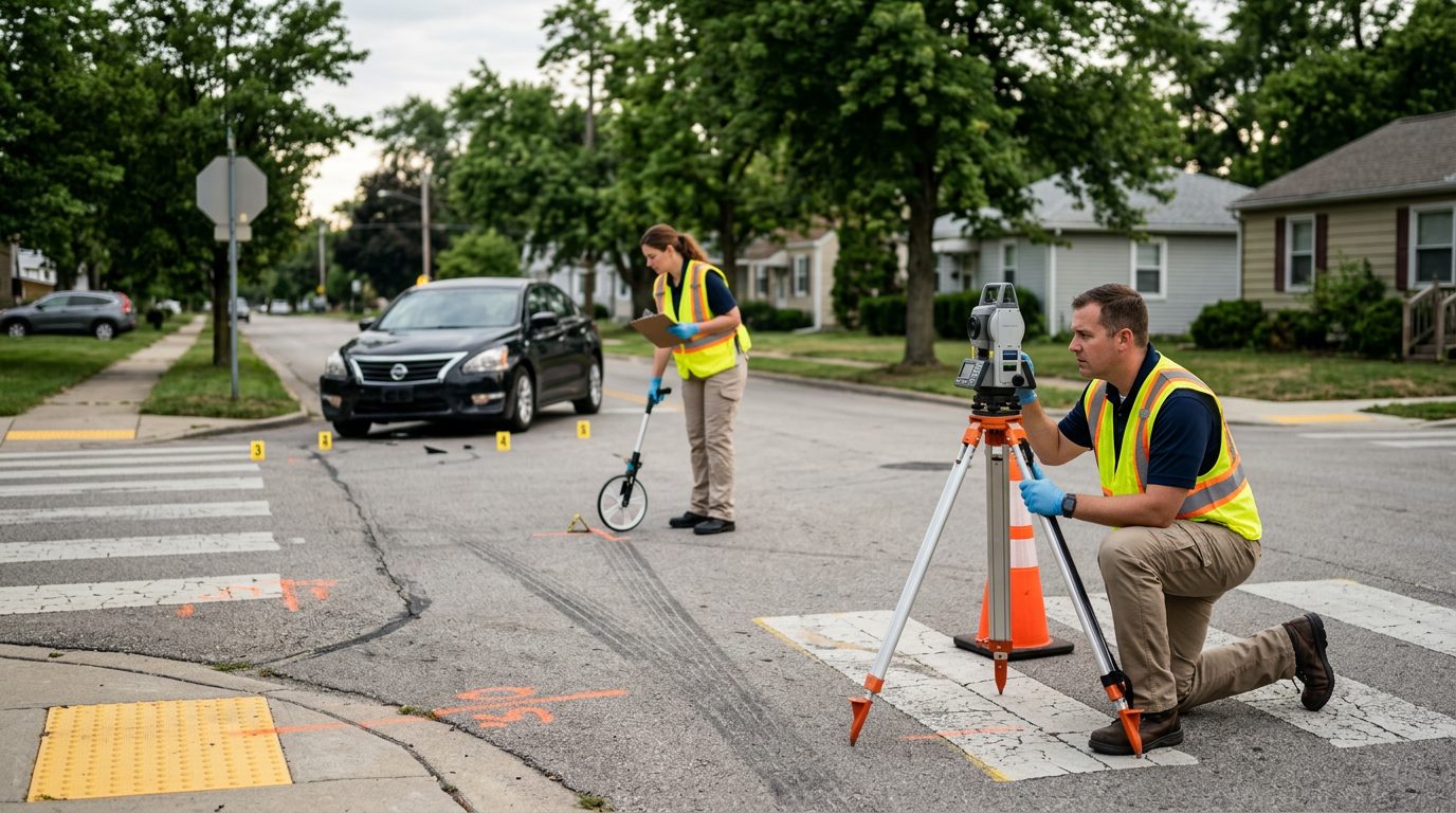 Investigators document vehicle impact points and road conditions at a residential intersection where a pedestrian was struck.
