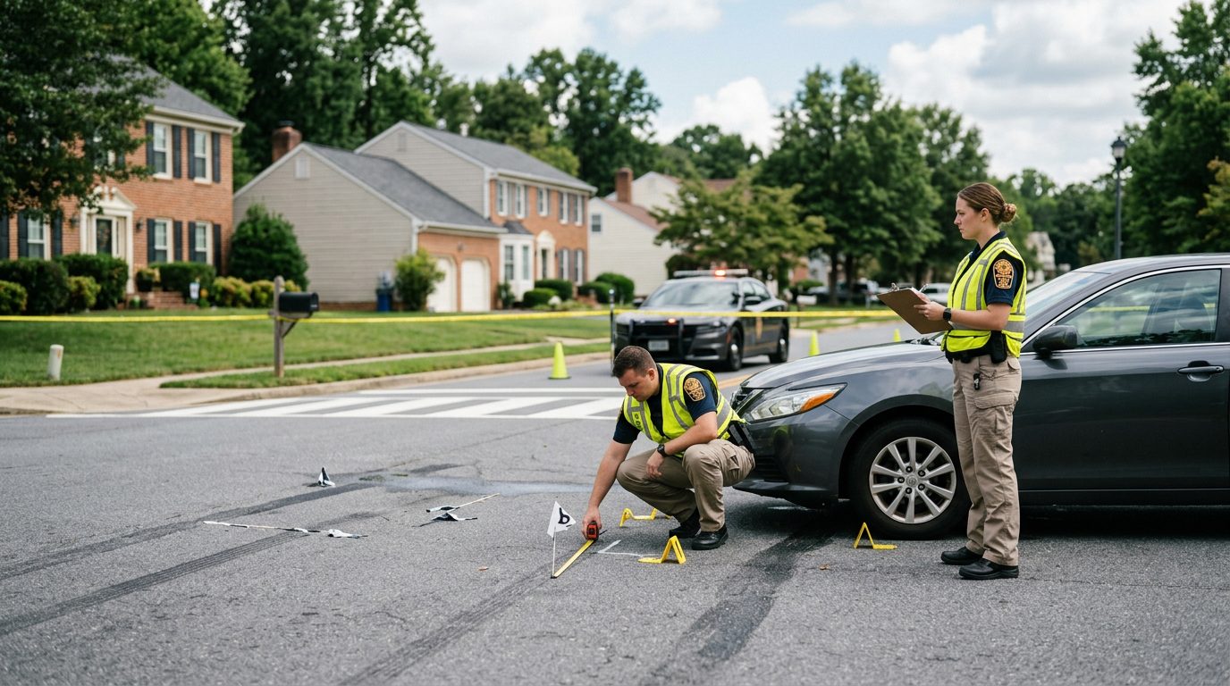 Investigators document vehicle impact points and road conditions at a residential intersection where a pedestrian was struck.