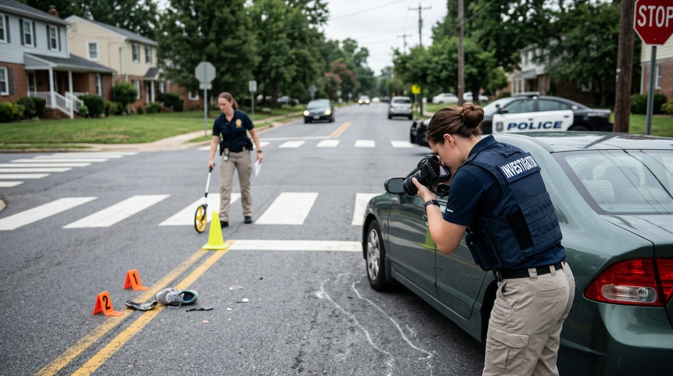 Investigators document vehicle impact points and road conditions at a residential intersection where a pedestrian was struck.