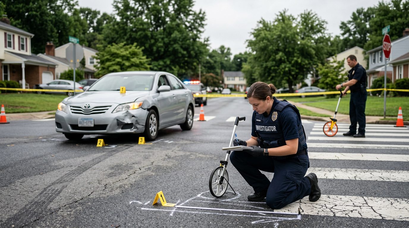 Investigators document vehicle impact points and road conditions at a residential intersection after a pedestrian collision.