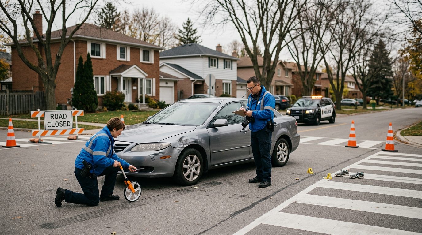 Investigators document vehicle impact points and sight lines at residential intersection accident scene.