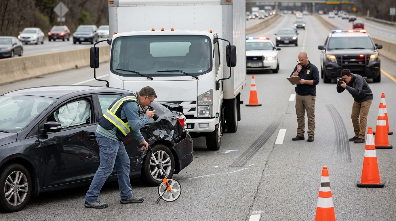 Investigators document vehicle positions and road conditions at a multi-lane highway crash scene where a commercial truck struck a passenger car.