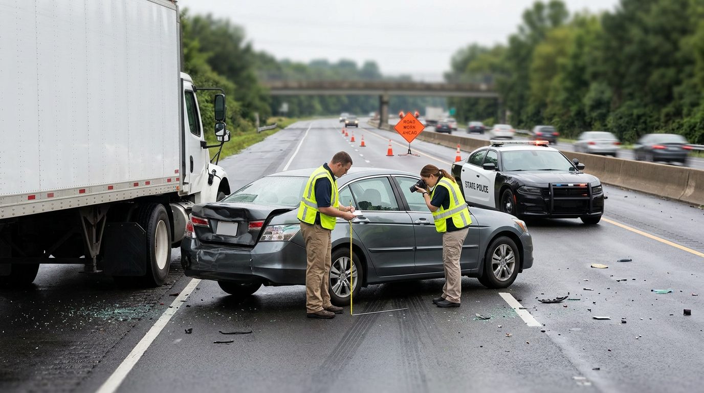 Investigators document vehicle positions and road conditions at a multi-lane highway crash between a commercial truck and a passenger car.