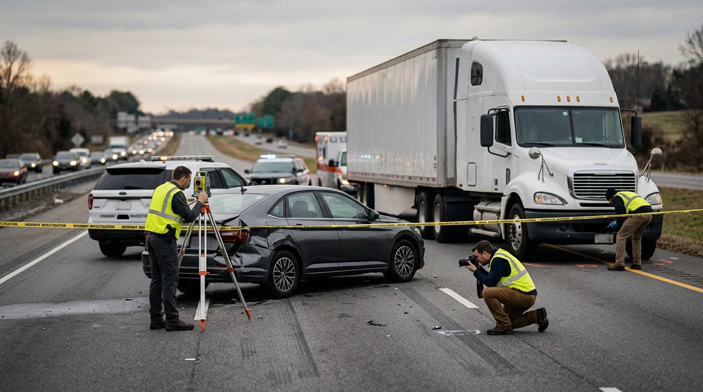 Investigators documenting a crash scene on a multi-lane highway, where a commercial truck struck a passenger car.