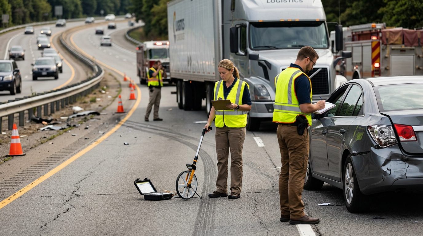 Investigators documenting a crash scene on a multi-lane highway, where a commercial truck struck a passenger car.