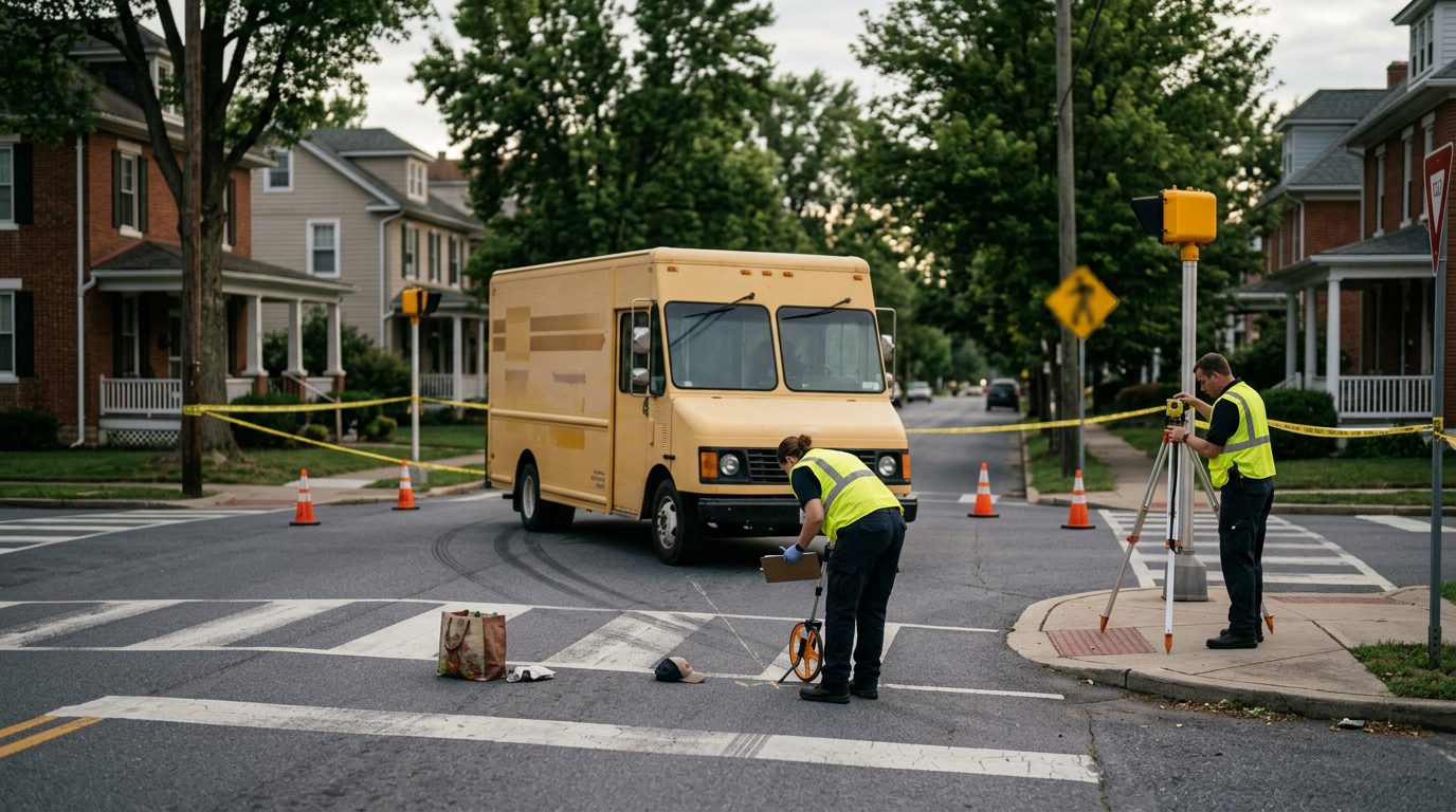 Investigators documenting impact points and road conditions at a residential intersection where a pedestrian was struck.