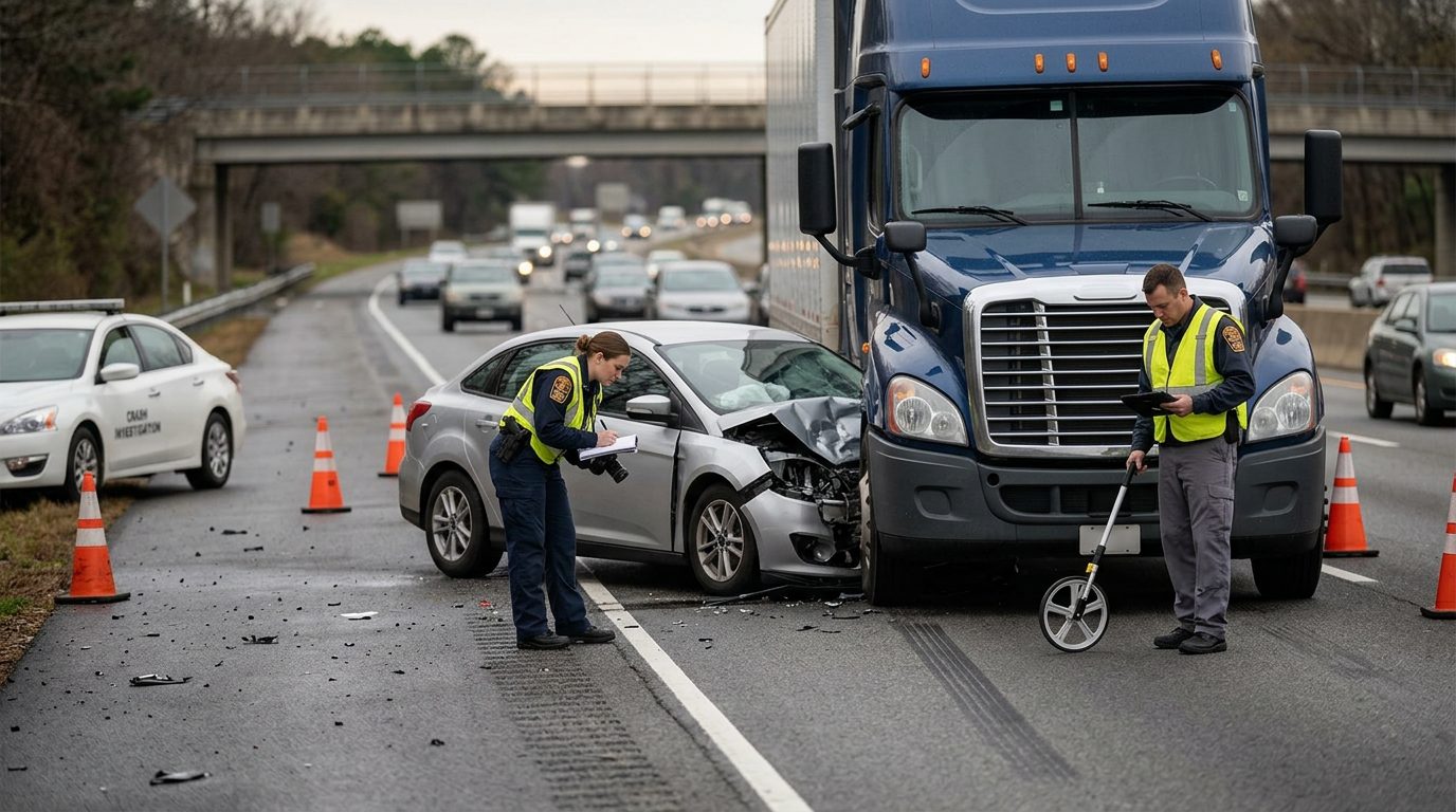 Investigators examine a crash scene on a multi-lane Virginia highway where a commercial truck struck a passenger car.