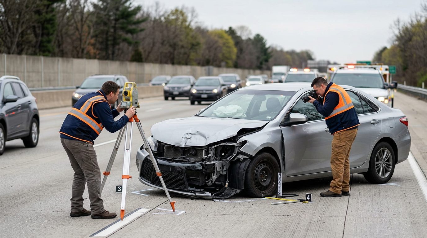 Investigators examine a severely crushed car's front end on a multi-lane highway while documenting the crash scene.