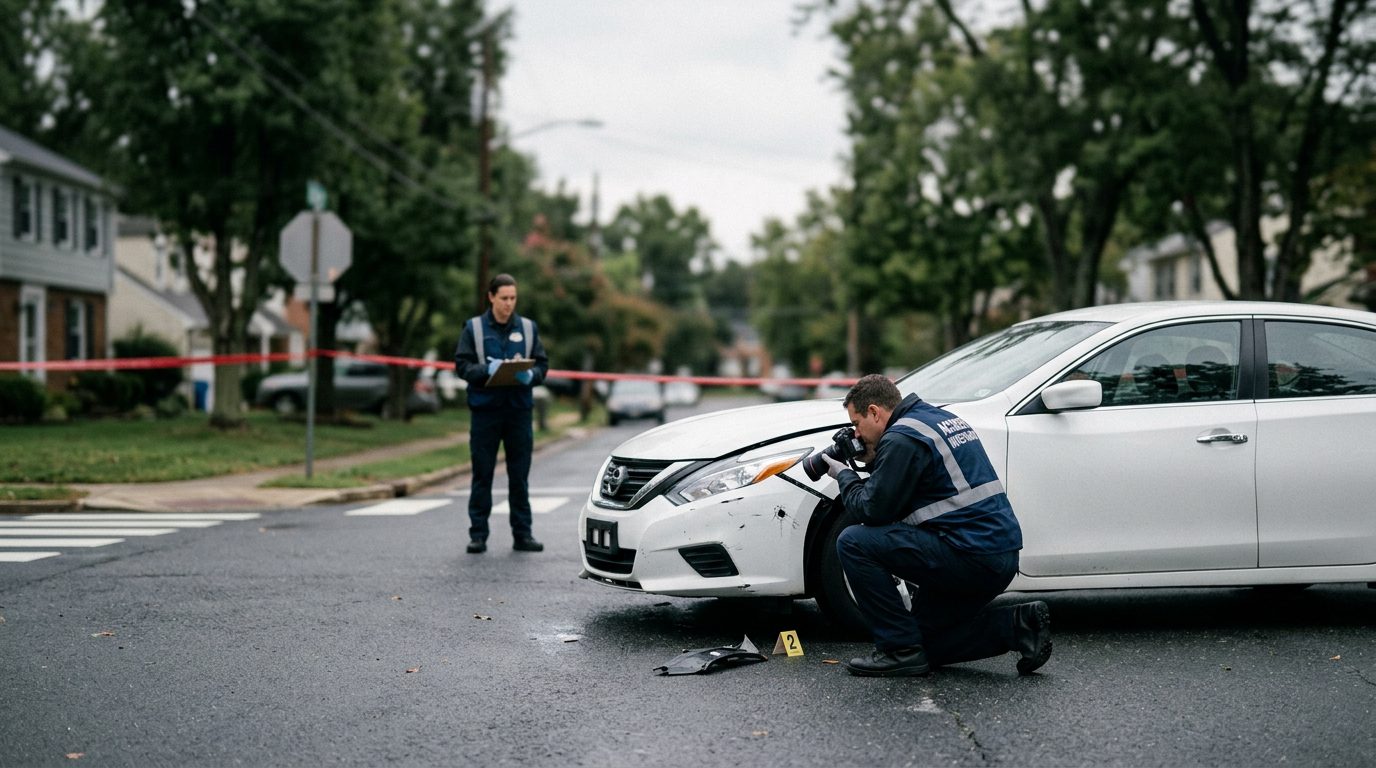 Investigators examine impact points and road conditions at a residential intersection where a pedestrian was struck.