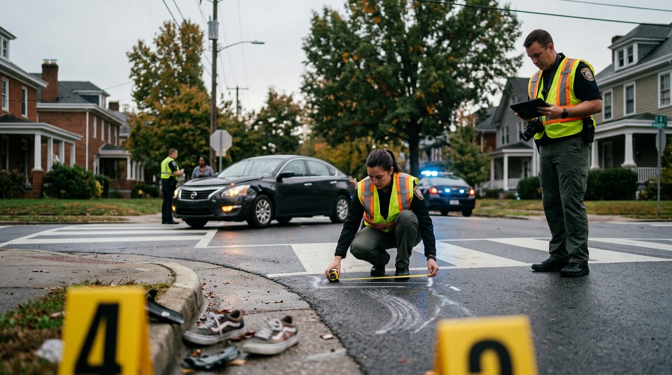 Investigators inspect a residential intersection after a pedestrian crash, noting impact points and road conditions.
