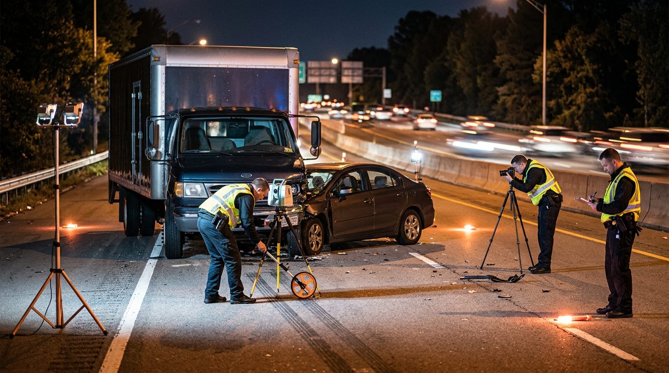 Investigators measure a crash scene on a night-lit multi-lane highway where a truck struck a car.