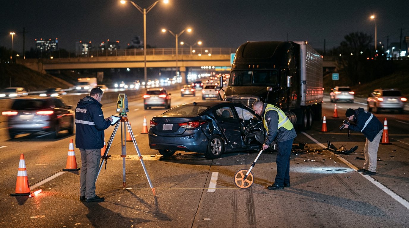 Investigators measure a crash scene on a nighttime multi-lane highway, where a commercial truck struck a passenger car.
