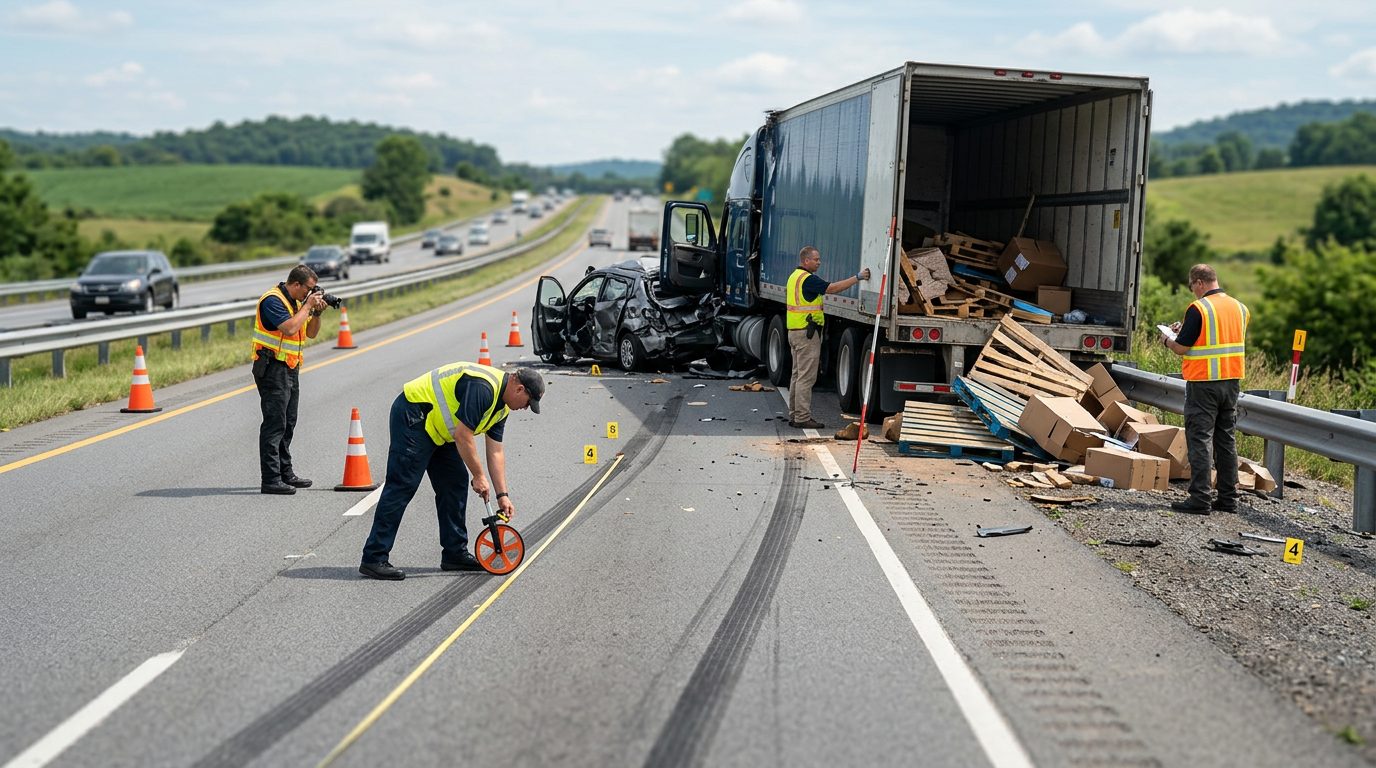 Investigators measure skid marks and debris beside a damaged commercial truck on a multi-lane highway.