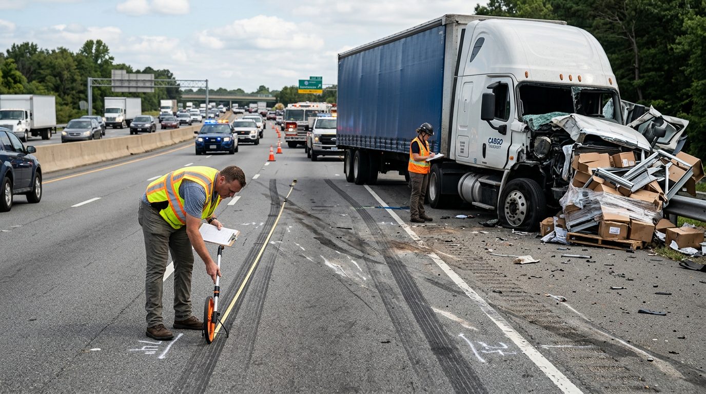 Investigators measure skid marks and vehicle positions beside a damaged commercial truck on a multi-lane highway.