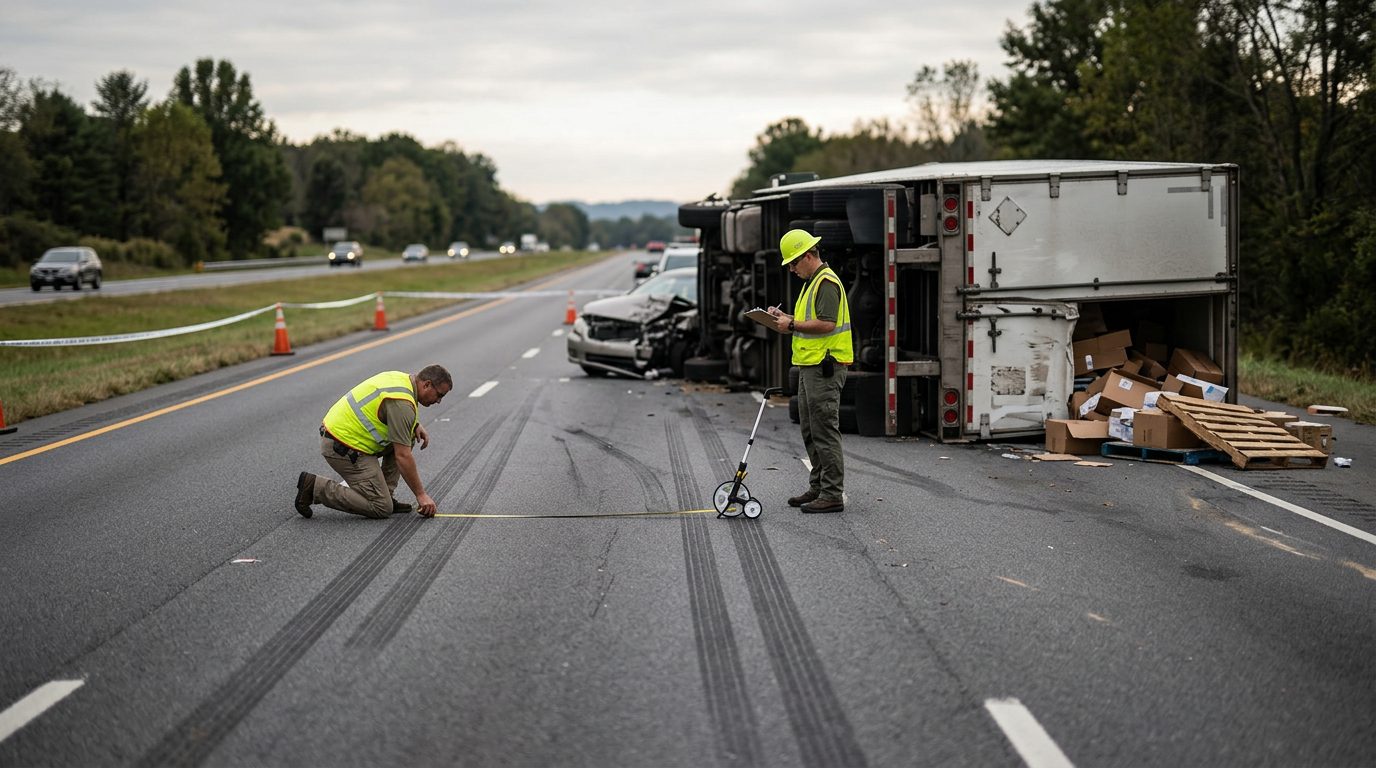 Investigators measure skid marks and vehicle positions beside a damaged commercial truck on a multi-lane highway.