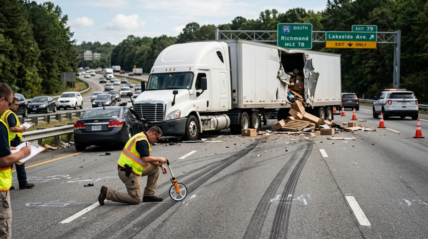Investigators measure skid marks and vehicle positions beside a damaged commercial truck on a multi-lane highway.
