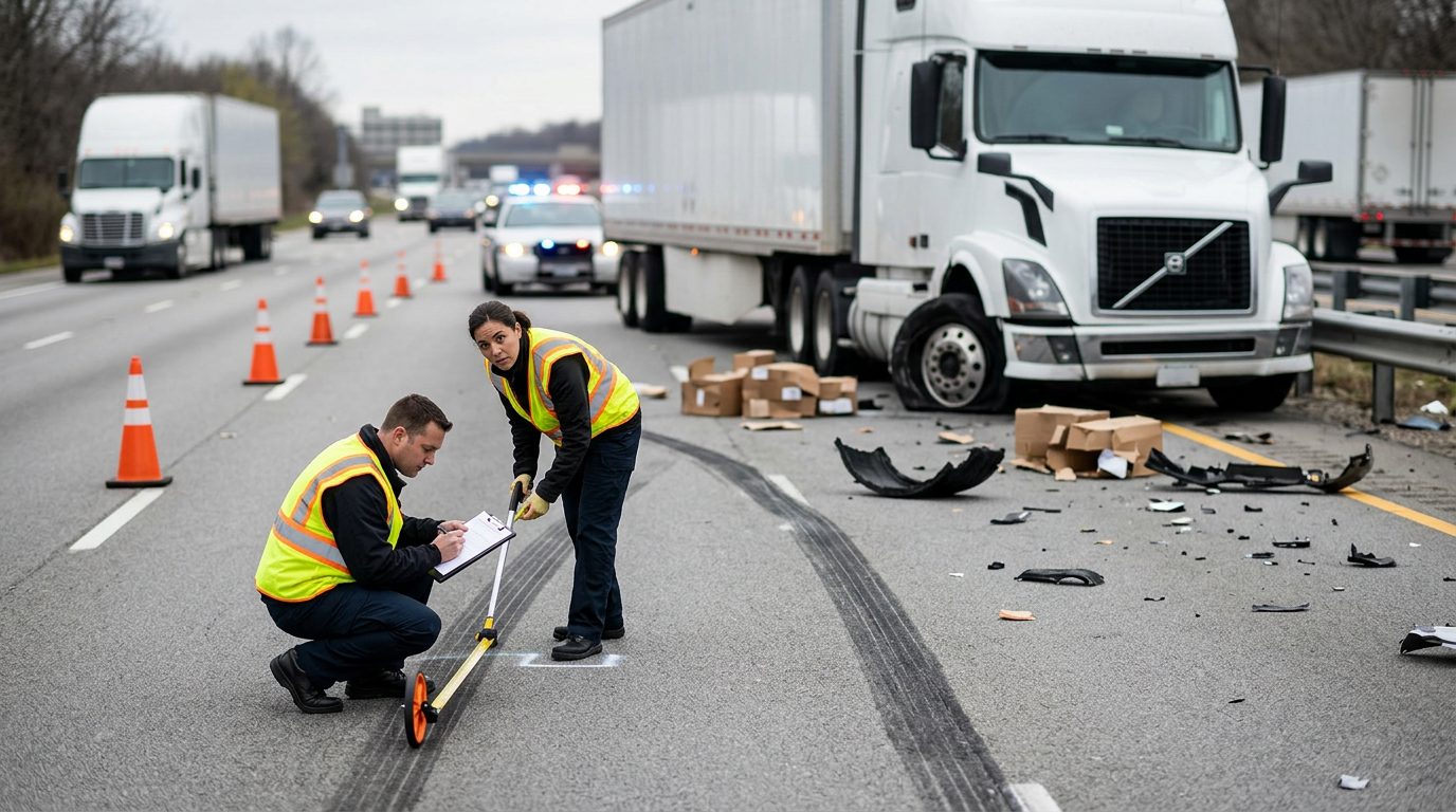Investigators measure skid marks and vehicle positions beside a damaged commercial truck on a multi-lane highway.