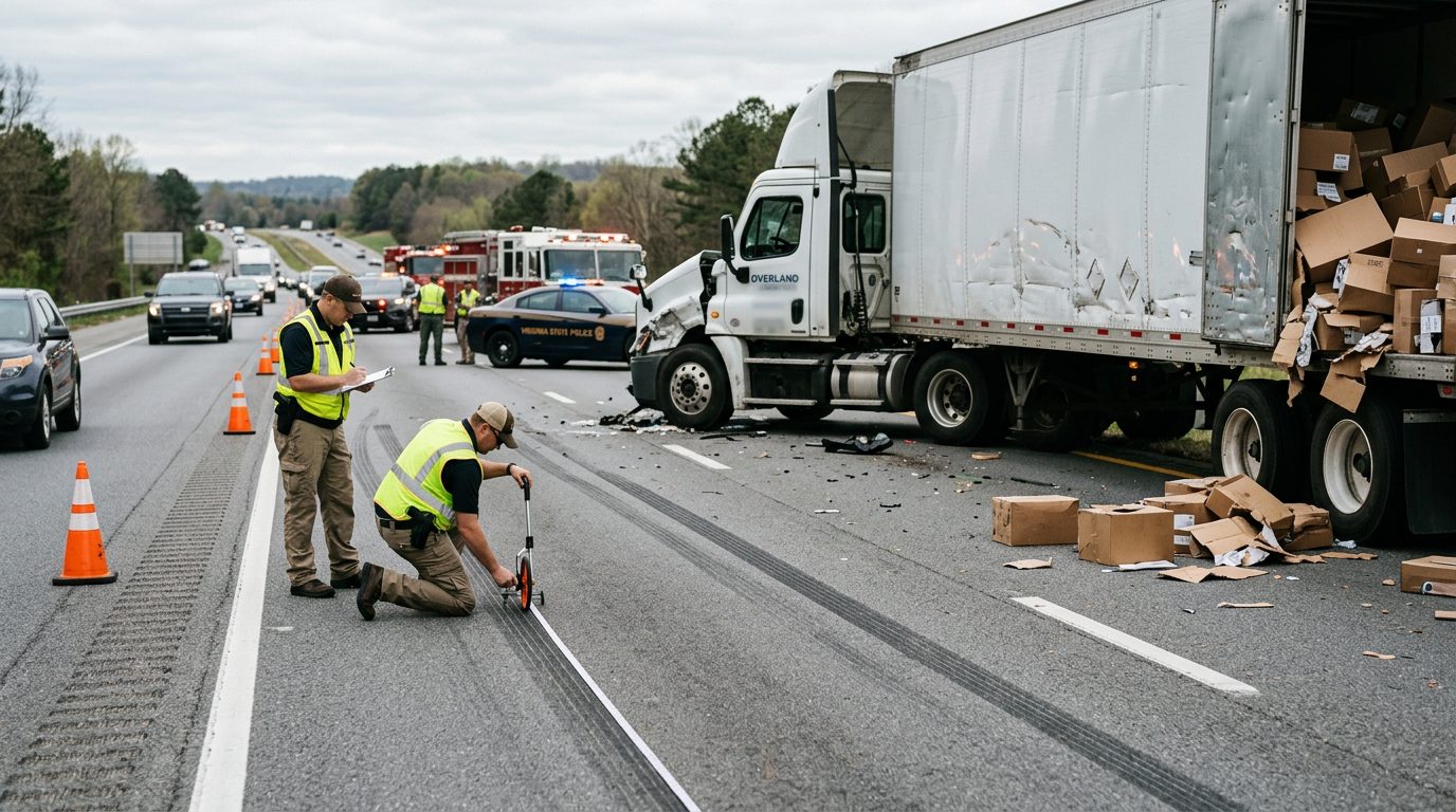 Investigators measure skid marks and vehicle positions on a multi-lane highway after a commercial truck crash.
