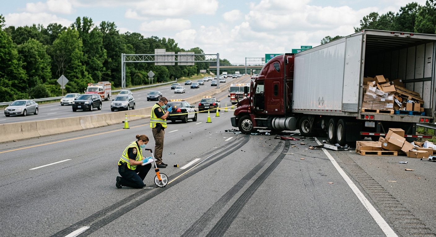 Investigators measure skid marks beside a crashed semi truck and scattered cargo on a multi-lane highway.