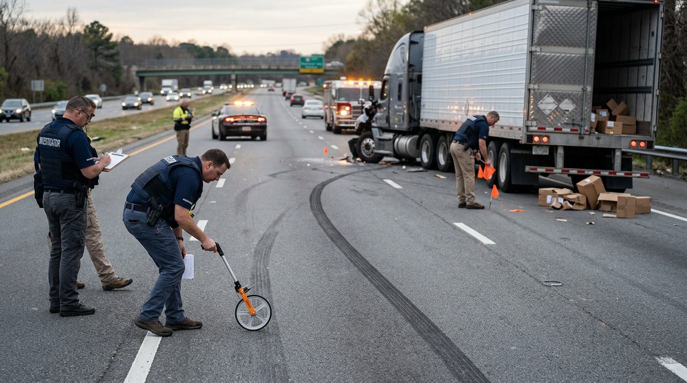 Investigators measuring skid marks and examining damaged cargo at a multi-lane highway truck accident scene.