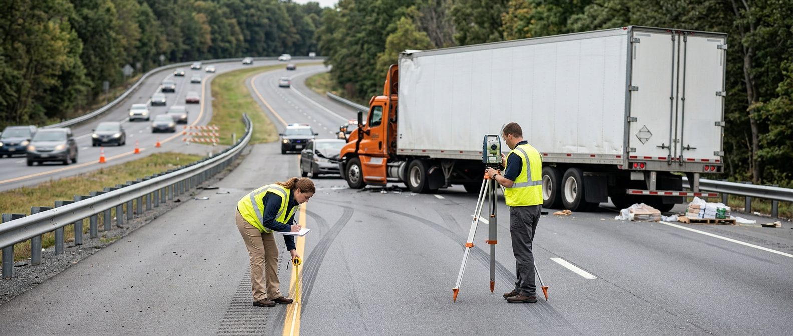 Investigators measuring skid marks and examining damaged cargo at a multi-lane highway truck accident scene.