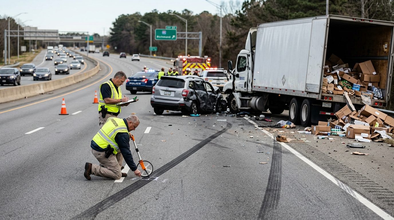 Investigators measuring skid marks and examining damaged cargo at a multi-lane highway truck accident scene.