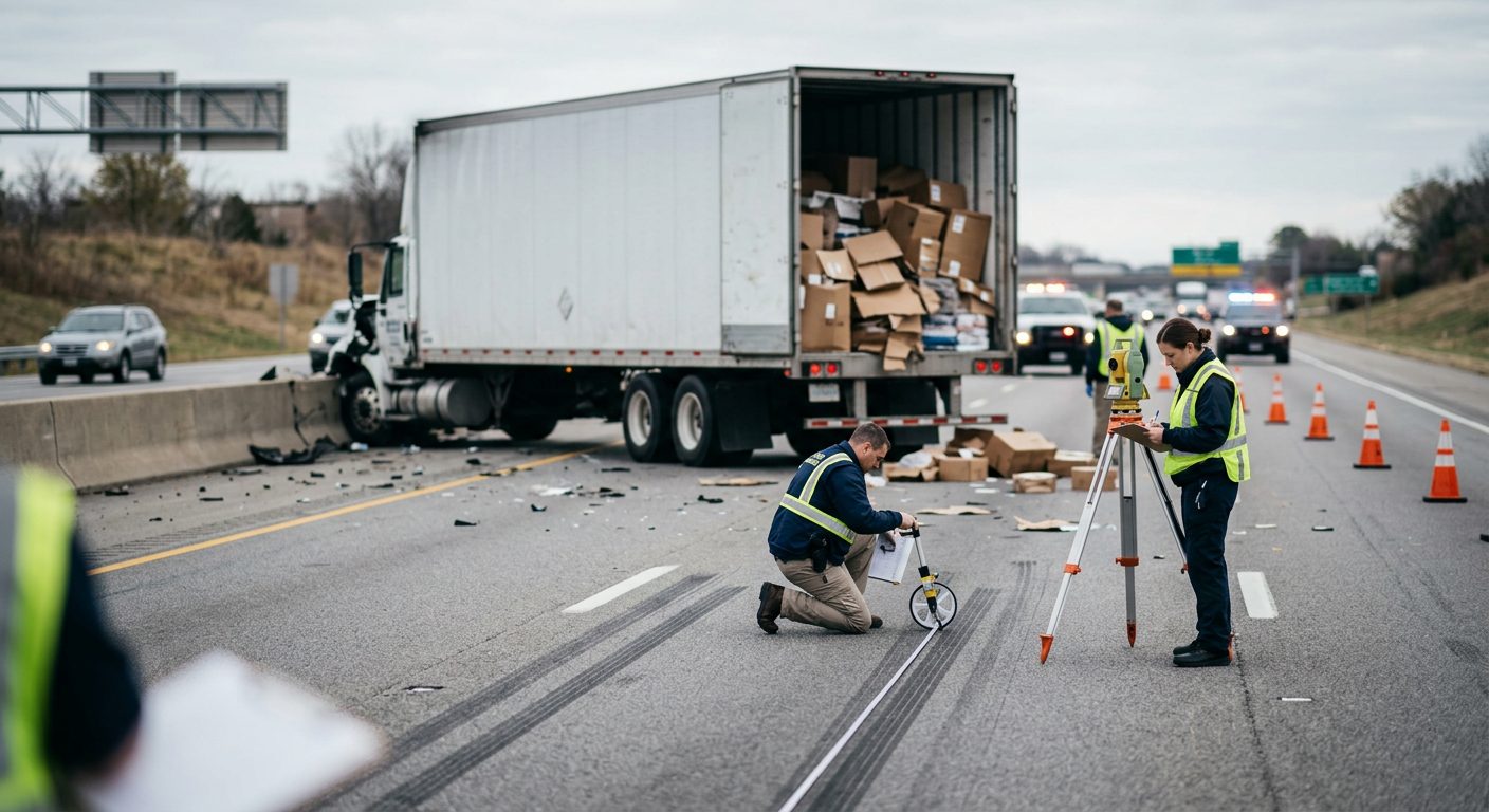 Investigators measuring skid marks and examining damaged vehicles at a multi-lane highway truck accident scene.