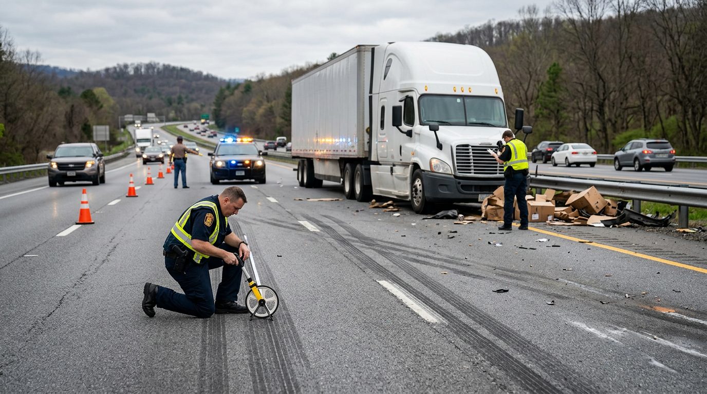 Investigators measuring skid marks and examining damaged vehicles at a multi-lane highway truck accident scene.