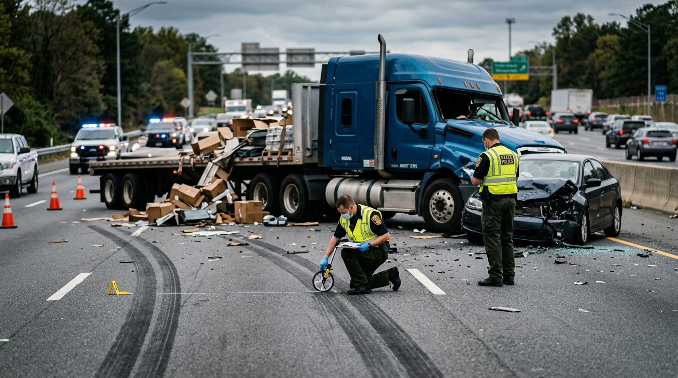 Investigators measuring skid marks and examining damaged vehicles at a multi-lane highway truck accident scene.