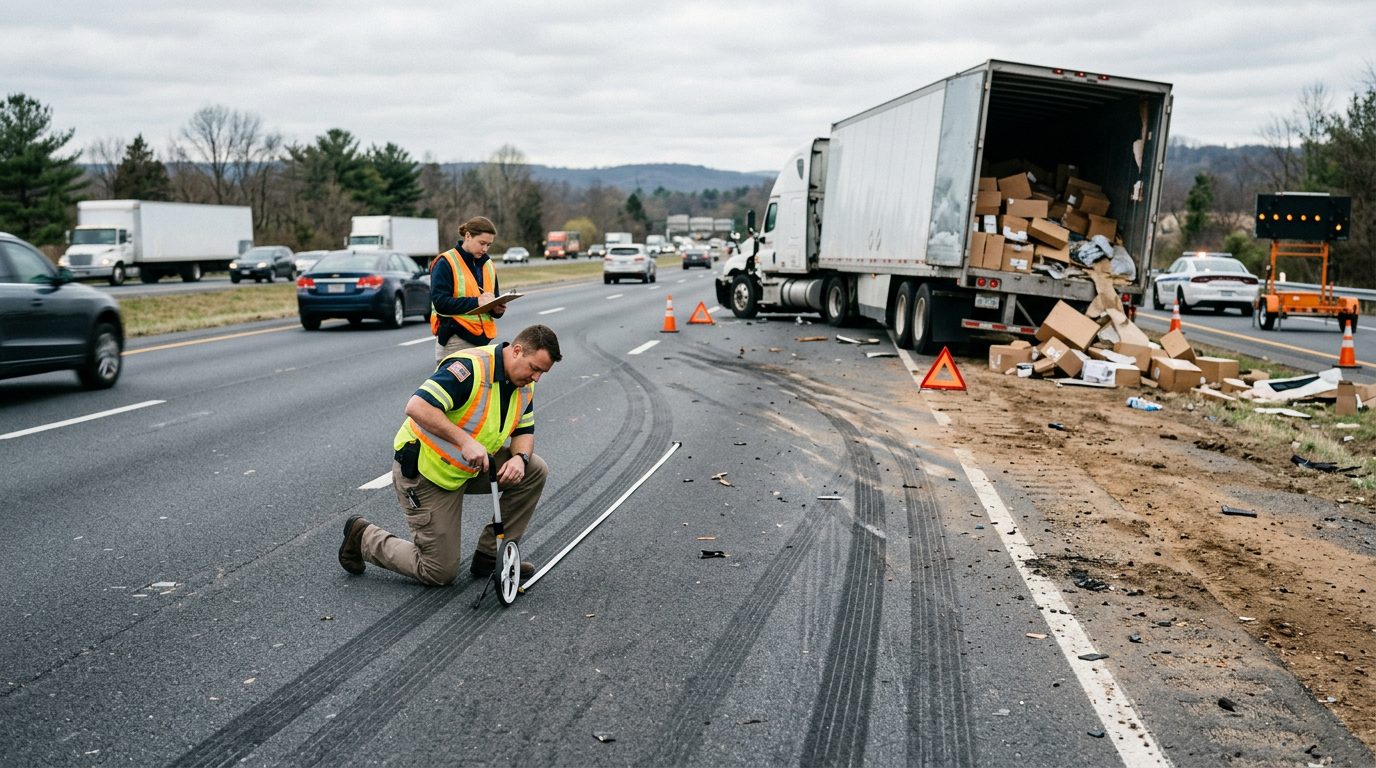 Investigators measuring skid marks and examining damaged vehicles at a multi-lane highway truck accident scene.