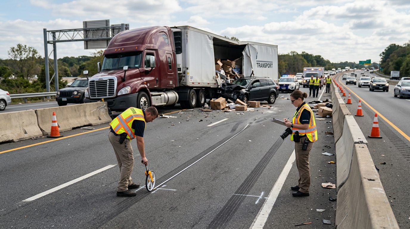Investigators measuring skid marks and examining damaged vehicles at a highway truck accident scene.