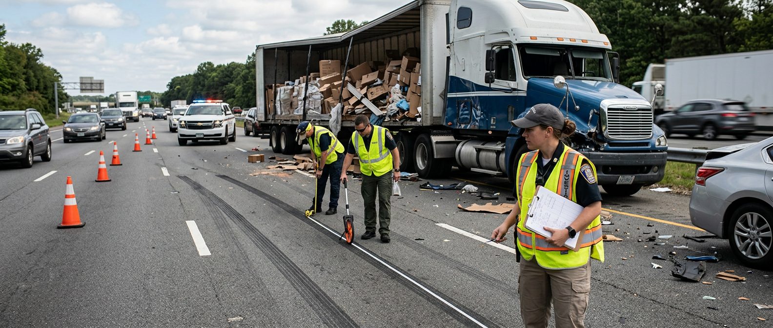 Investigators measuring skid marks and examining damaged vehicles at a multi-lane highway truck accident scene.